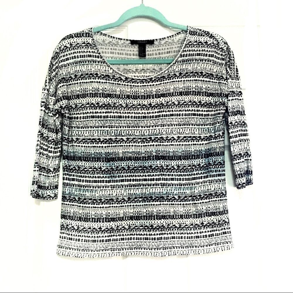 Forever 21 Top Blouse Basic 3/4 Length Sleeve Stripe White Tee Women Small
